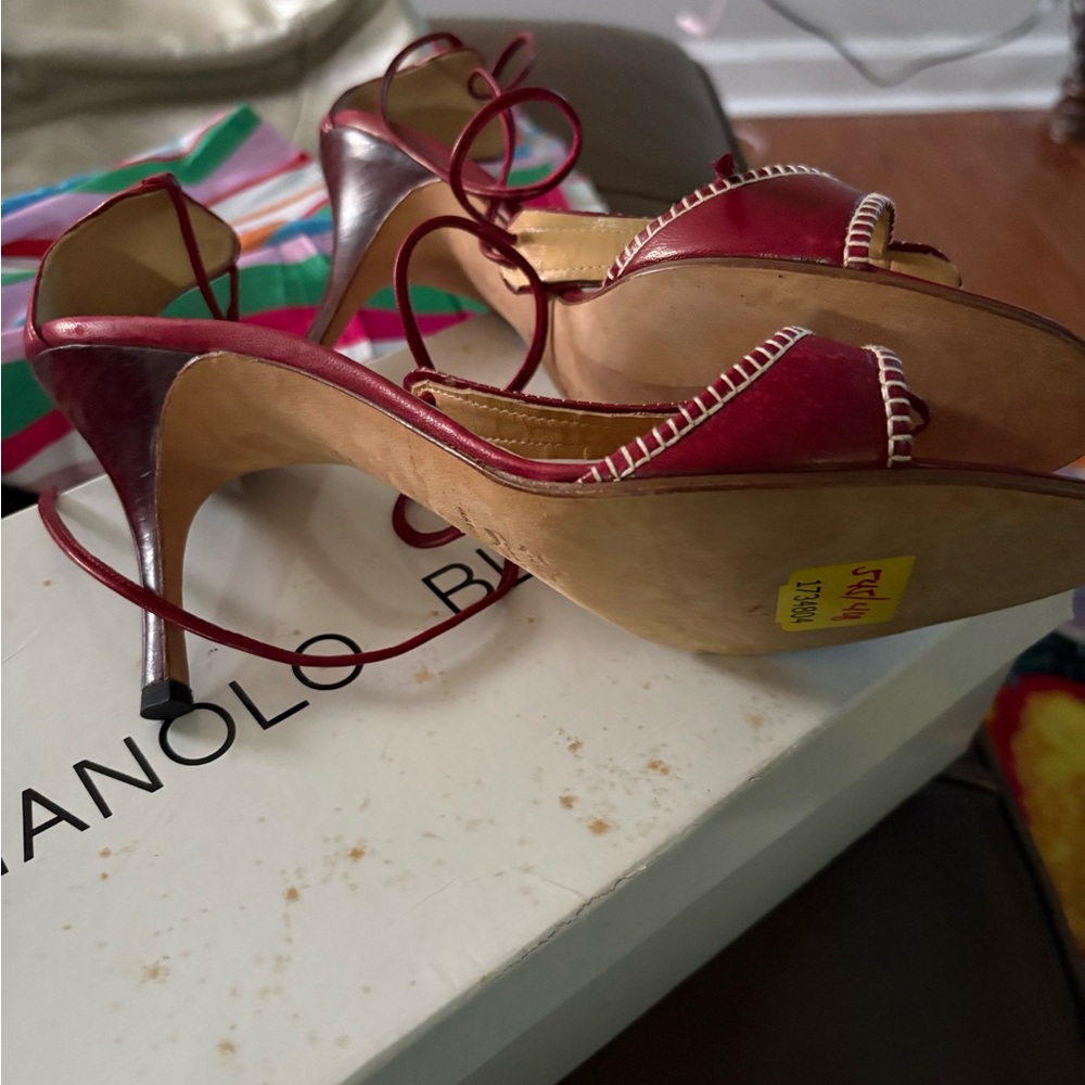 Manolo Blahnik Wine Red Lace-Up Leather Heels - Picture 2 of 3